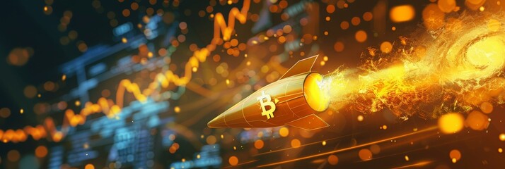 Golden rocket with bitcoin symbol launch set against a glowing stock market trend graph, depicting economic uplift and futuristic success, sharp and dynamic