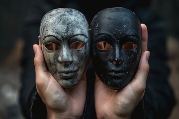 Hands presenting contrasting masks, a metaphor for the duality of personas - obrazy, fototapety, plakaty
