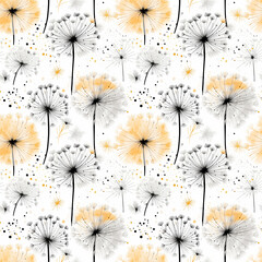Watercolor seamless pattern with dandelions in black and gold colors on white background.