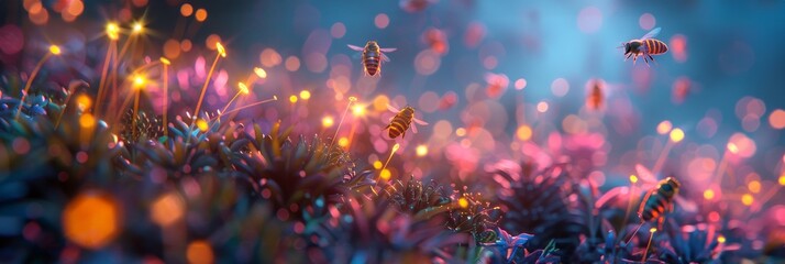 Neon-colored bees buzzing around a hive in the farm, their trails creating a mesmerizing pattern of light - obrazy, fototapety, plakaty