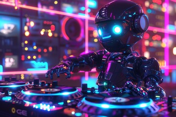 Robot DJ in 3D, spinning digital turntables at a club, its LED lights syncing with the music beats