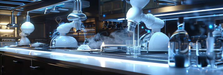 Robotic chef in 3D, specializing in molecular gastronomy, combining culinary skills with scientific techniques for innovative dishes