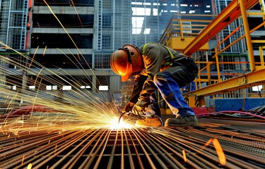 Welder with sparks from a torch overlaying a robust construction site