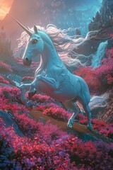 A unicorn, sculpted in 3D artistry, traverses a pixelated valley, digital wind flowing through its ethereal mane