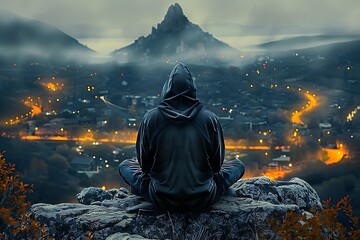 Man sitting on a rock, staring, wearing a black hooded cap