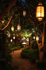 A view of a peaceful garden at night, with Ramadan lanterns hanging from the trees