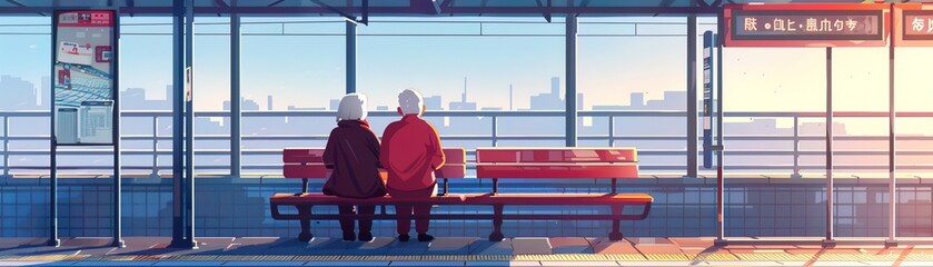 An elderly couple on a sky train platform bench, quietly observing the hustle and bustle, a serene island in a sea of activity