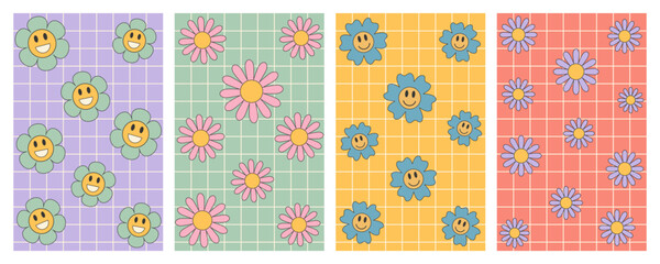 Vector set of spring groovy posters with daisy flowers. Checkered backgrounds in trendy retro 70s style. Vector illustration