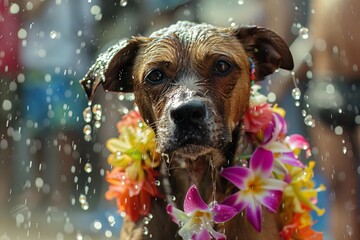 Closeup of a street dog wearing a flower lei, amidst the Songkran water fight festivities - obrazy, fototapety, plakaty