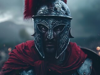 Closeup of an ancient Greek soldier in armor, helmet with red plume, cloak over shoulders, determined look, dark, blurred battlefield background, dramatic lighting