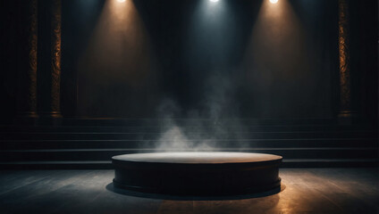 Dark podium on smoky background with spotlight.