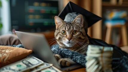 A humorous image of a cat dressed in graduation robes and cap, intently working on a laptop with money beside it, representing financial planning or investment with a playful twist