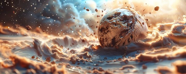 An imaginative composition featuring an ice cream planet with a cookie crust, orbiting through a galaxy of chocolate chunks and sprinkled stardust - obrazy, fototapety, plakaty