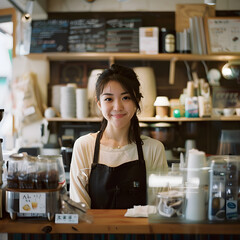 Close=up of indoor smiling female or male , barista, coffee in a cafe 