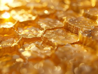 Close-up of a honeycomb, cells glistening with golden brilliance, sun-kissed hues