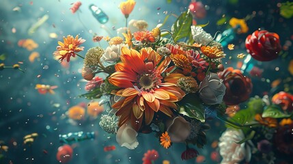 Concept Art of A beautiful bouquet of flowers floats in space with various trash floating...