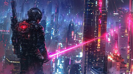 Stealthy cyborg mercenary surveys, laser sword in hand, amidst a sea of city lights - obrazy, fototapety, plakaty