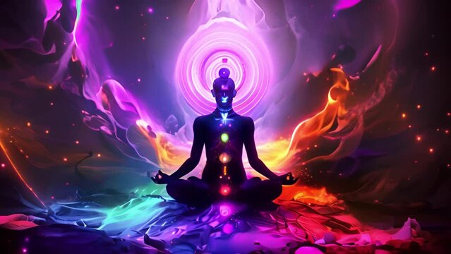 Beautiful woman sits in a pose of a half lotus on high place , she practicing yoga meditation glowing seven all chakra eyes closed calm. Kundalini energy. chakras glowing in galaxy 4k video meditation