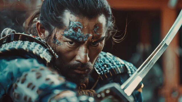 Fierce samurai with face paint brandishing katana. Close-up action shot with intense emotion.