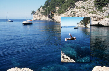 Sprung ins türkisfarbene Wasser an der Küste von Mallorca - Spanien, Mittelmeer