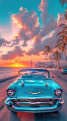 Screensaver wallpapers for smartphone. Vintage car. A classic convertible cruising down a coastal highway at sunset, with the ocean glittering one side.