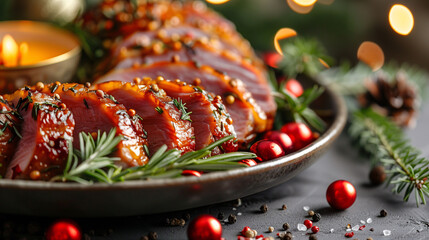 Festive glazed ham garnished with rosemary and cranberries on a plate, surrounded by Christmas decorations, with warm candlelight in the background. - obrazy, fototapety, plakaty