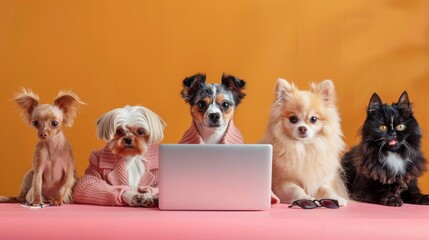 A virtual meeting of pets, the furry coworkers conference isolate on soft color background