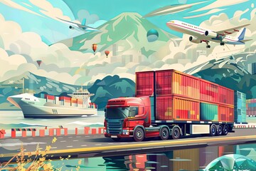 Freight transport, cargo transportation of goods by sea, rail, land and air, transportation and logistics illustration