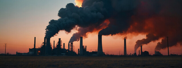 Crimson sky over a desolate landscape, shrouded in thick smoke from an industrial chimney, symbolizing pollution and environmental degradation. - obrazy, fototapety, plakaty
