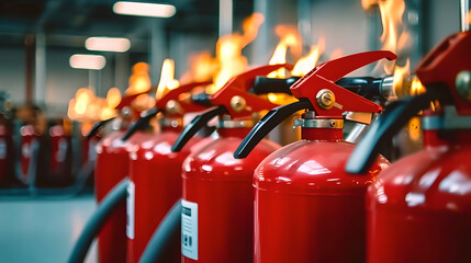 Close-up of fire extinguishers in a factory , blur effect background  - obrazy, fototapety, plakaty