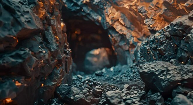 Copper veins in a blurred mine entrance, industrial gem