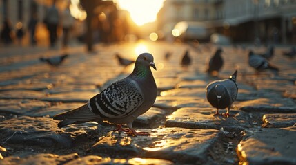 Beautiful pigeons on cobblestone pavement - obrazy, fototapety, plakaty