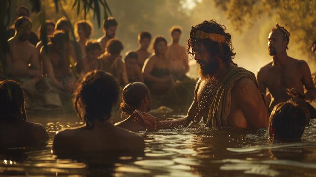 John the Baptist baptizes people in the river Jordan