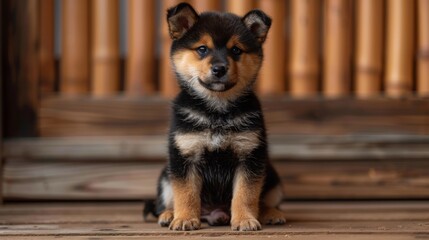 This is a photo of a baby Shiba Inu lying on the floor in a bedroom. Shiba Inu is a famous Japanese breed that is black and tan in color.