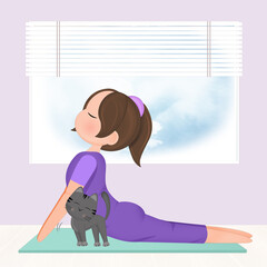 illustration of girl doing yoga with kitten