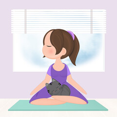 illustration of girl doing yoga with kitten