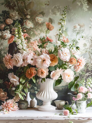 A flower vase with cottage garden flowers on a white table. Romantic compositions, still life.