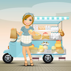 girl sells cheese and dairy products