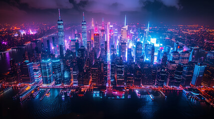 Aerial View of a Bustling Metropolis Illuminated at Night With Dazzling Urban Lights