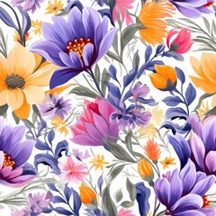 Vivid botanical wallpaper design with assorted flowers in purple, pink, and orange tones on a white background, perfect for fabric or wallpaper with a tranquil theme. Pattern for bed linen.