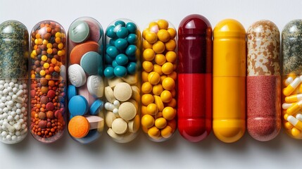 colorful medical capsules and tablets on a white background - obrazy, fototapety, plakaty