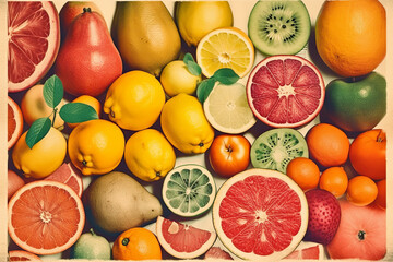 Retro style food poster. Tropical fruits grapefruit, lemon, orange and lime - 780711665