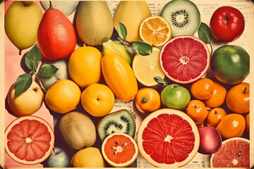 Retro style food poster. Fresh tropical fruits grapefruit, kiwi, lemon, orange and lime - 780711668
