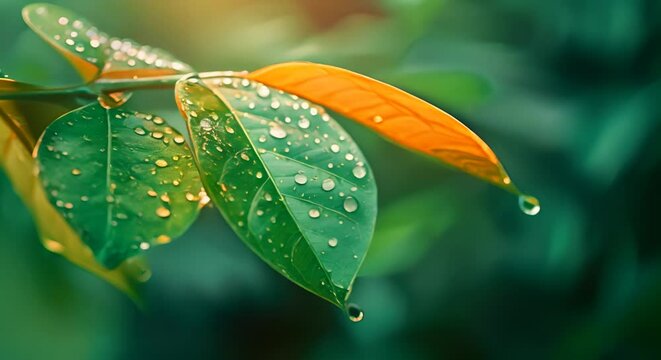 Raindrop sparkle on a leaf, minimalist water droplets,