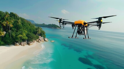 Drone in mid-flight capturing aerial views of a serene beach with crystal-clear ocean water, Mail delivery of medicines.
