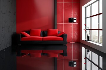 Luxurious living room interior with a bold red wall, black sofa with red cushions, and reflective black floor, mock up for painting