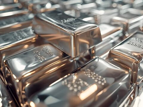 Silver bars stacked with precision, reflecting a soft light,