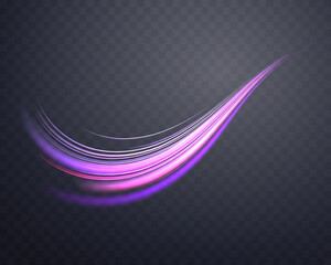 Glowing purple lines. Neon realistic energy speed. Abstract light effect on a dark transparent background. Vector illustration.