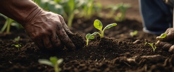 A seedling being carefully held in a hand amidst soil, symbolizing new growth and the beginning of life in nature