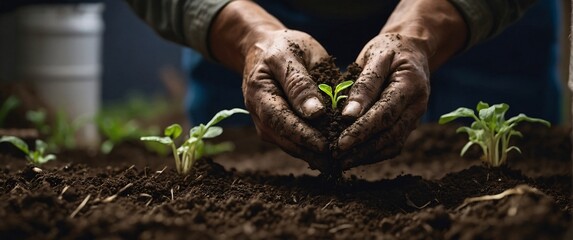 A seedling being carefully held in a hand amidst soil, symbolizing new growth and the beginning of life in nature - obrazy, fototapety, plakaty